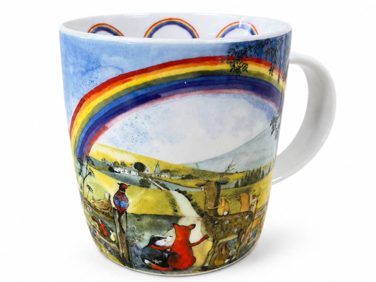 Alex Clark Looking for Rainbows Mug in vegan china, decorated with a vivid rainbow and sweet country animals. A lovely treat for nature and art lovers.