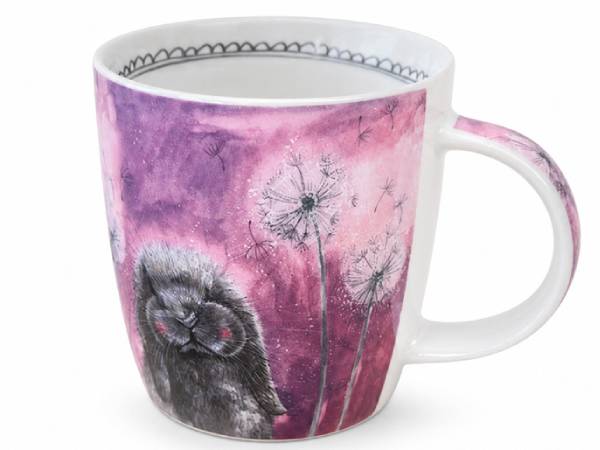 Alex Clark Misty Mug in vegan china, featuring an adorable rabbit with rosy cheeks among dandelion seeds. A perfect treat for rabbit and nature lovers.
