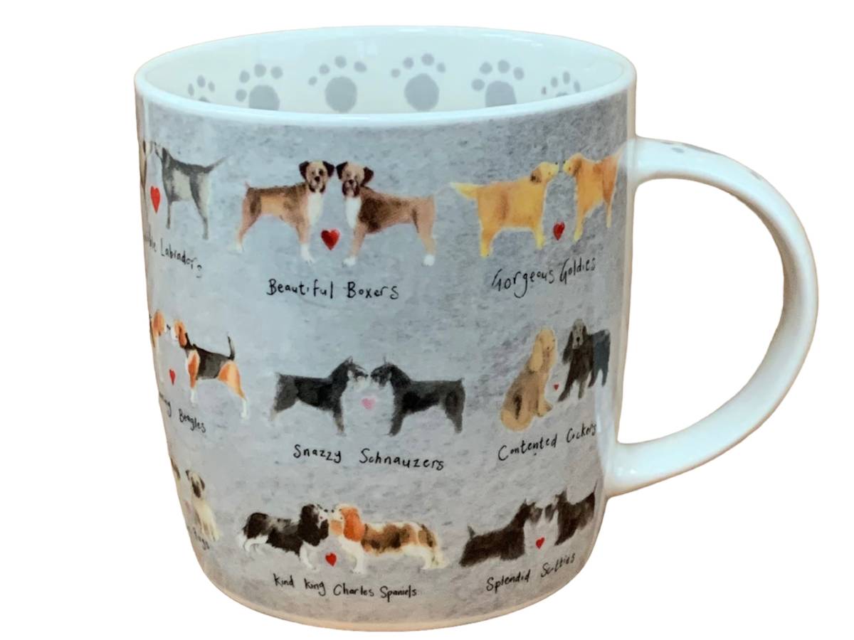 The Alex Clark mug features pairs of assorted dog breeds who share love for each other in its illustration. Additionally, the mug includes dog paw illustrations around the inside rim and down the handle, adding to its charming appeal