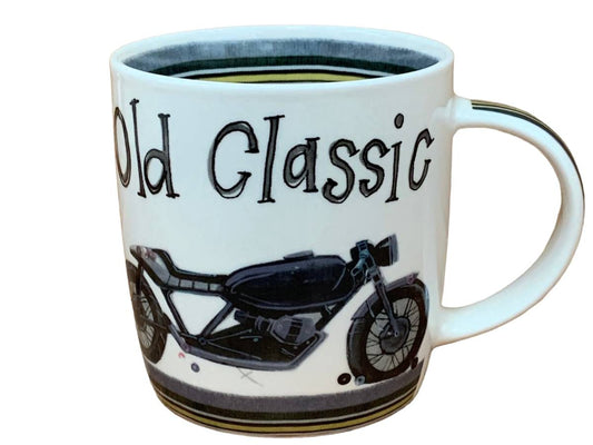 A white ceramic coffee mug featuring the words 'Old Classic' in black stylized lettering and a black vintage motorcycle illustration on the side.