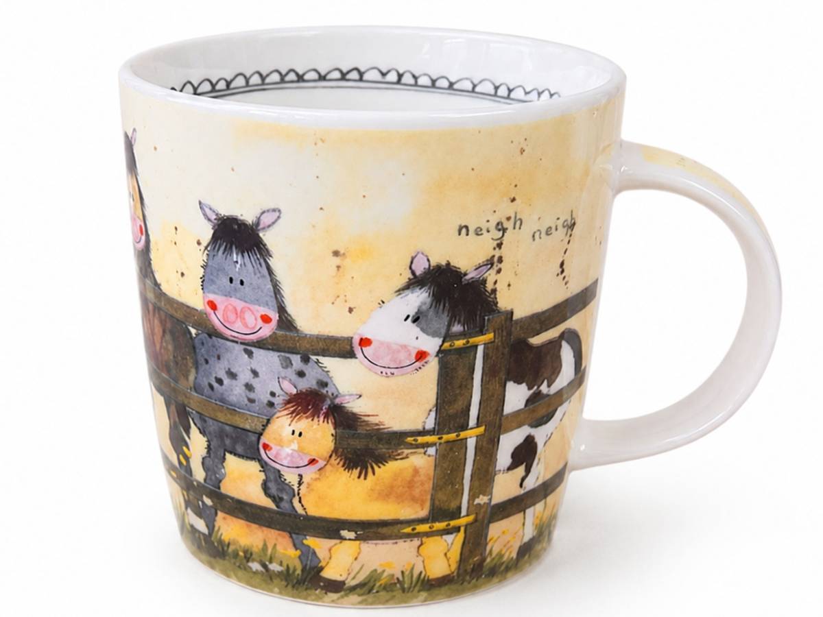 Alex Clark Pony Club Mug in vegan china, decorated with three friendly ponies in a warm country scene. A lovely gift for young riders and horse lovers.