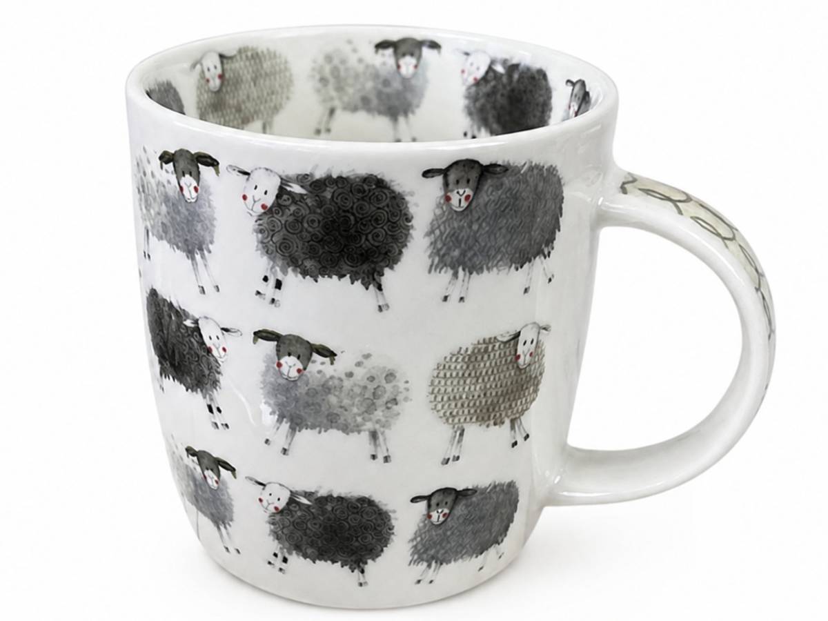 Alex Clark Sheep Mug in vegan china, decorated with a playful flock of characterful sheep. A delightful gift for farmers, shepherds and country lovers.