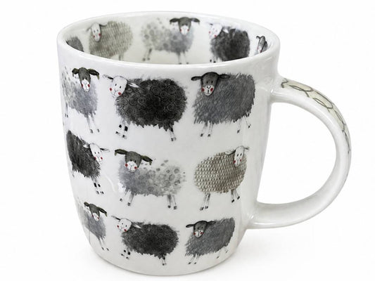 Alex Clark Sheep Mug in vegan china, decorated with a playful flock of characterful sheep. A delightful gift for farmers, shepherds and country lovers.