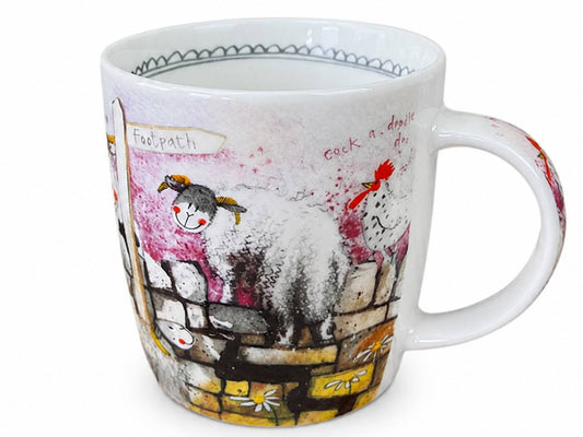 Alex Clark Stonewall Mug in vegan china, decorated with sheep and a chicken peeking over a rustic stone wall. A great gift for farm and country lovers.