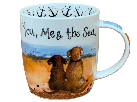 This Alex Clark mug features an illustration of two adorable dogs sitting side by side, gazing out to sea. It's an ideal choice for enjoying coffee, tea, and other hot beverages. Moreover, the mug includes illustrations around the inside rim and down the handle, adding to its charming appeal.
