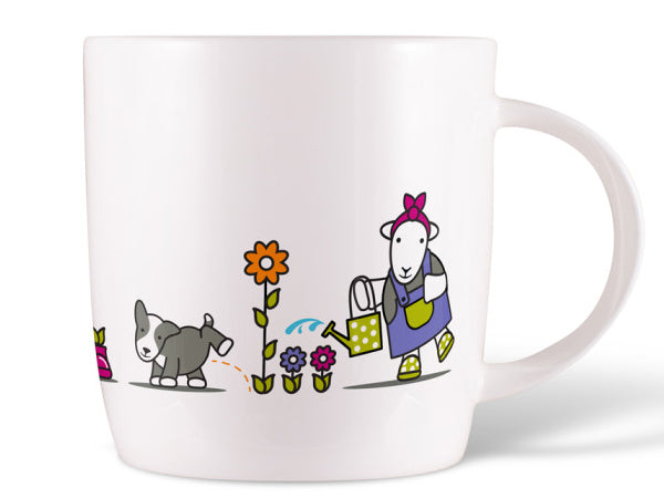 Gardener Herdy & Sheppy Mug in fine bone china, showing Herdy gardening with Sheppy playfully nearby—ideal for gardening lovers and countryside fans.