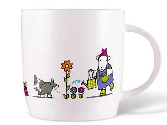 Gardener Herdy & Sheppy Mug in fine bone china, showing Herdy gardening with Sheppy playfully nearby—ideal for gardening lovers and countryside fans.