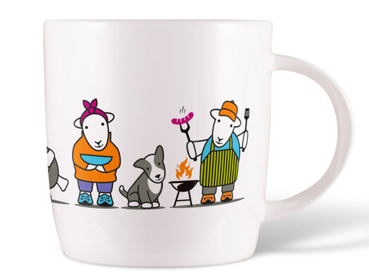 Camping Herdy & Sheppy Mug in fine bone china showing Herdy and Sheppy around a campfire with sausages and stars—ideal for camping lovers and outdoor enthusiasts.