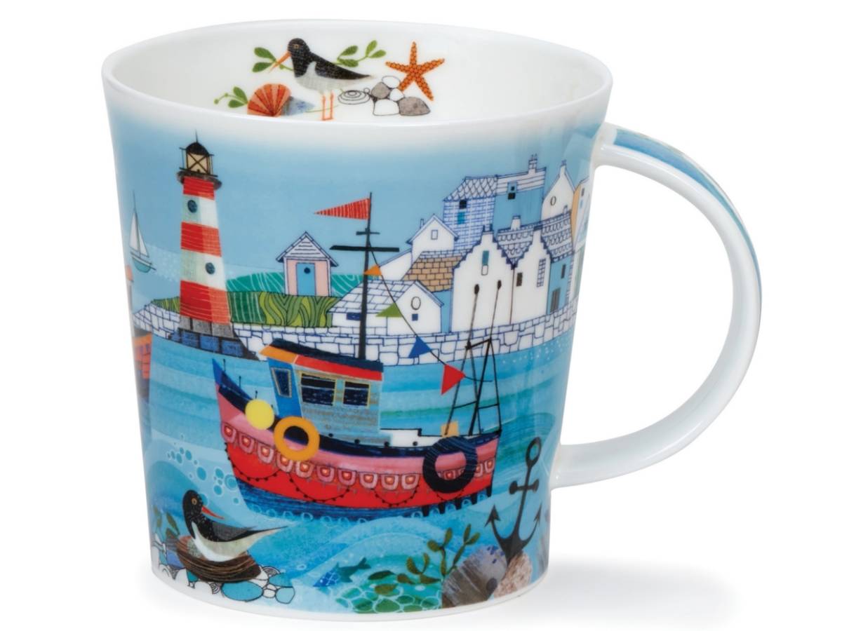 A white ceramic mug featuring a colorful nautical illustration with a lighthouse, fishing boat, houses, birds, and starfish on a white background.