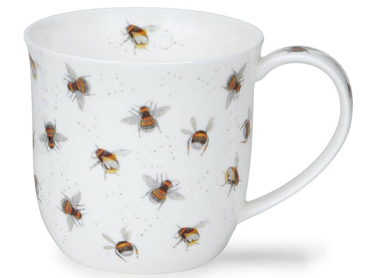 A white ceramic mug decorated with a pattern of flying honeybees and small gray speckles, shown against a plain white background.