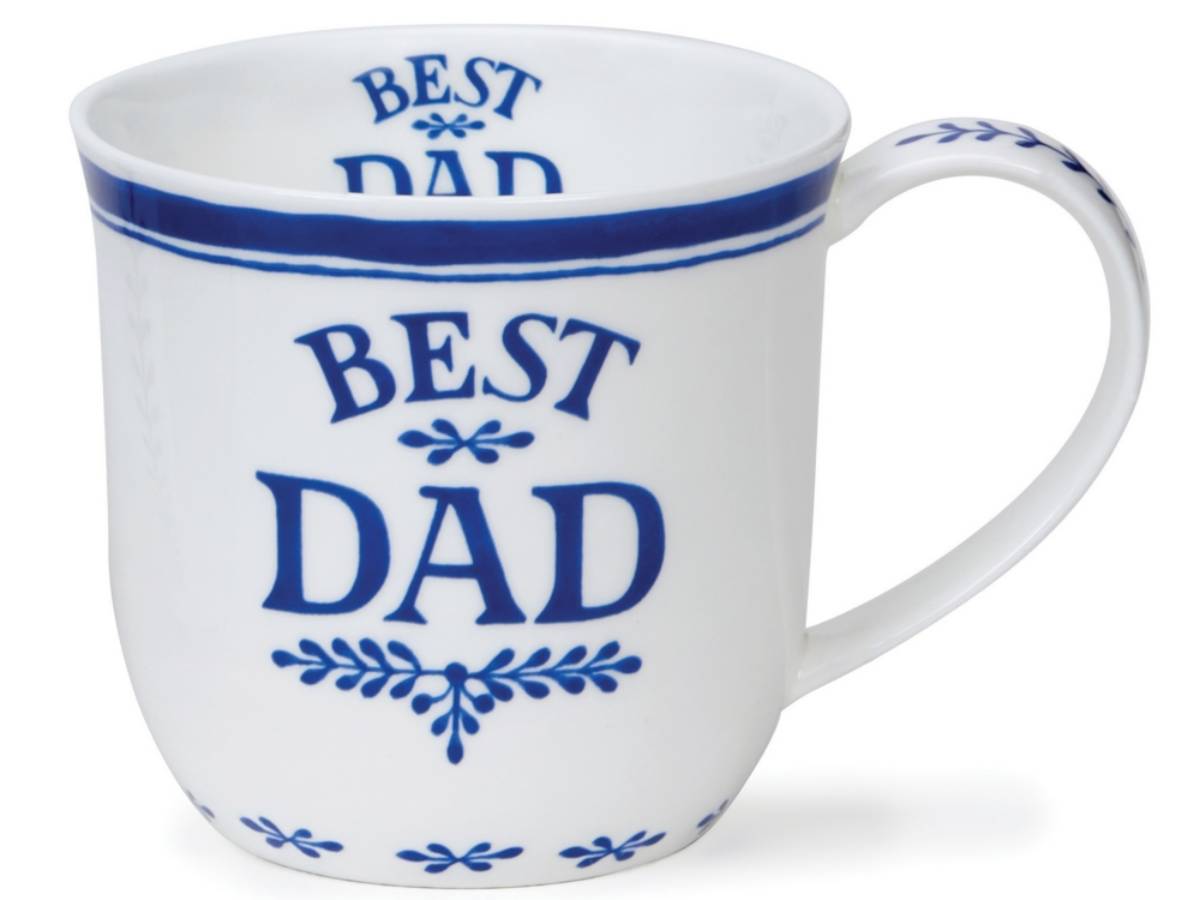 A white ceramic mug with blue text reading 'BEST DAD' and blue decorative floral accents, shown on a plain white background.