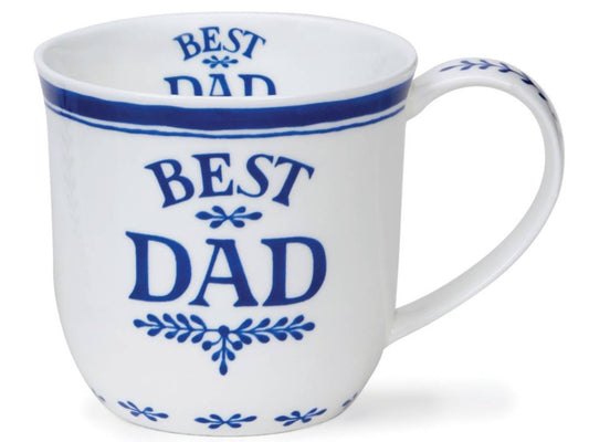 A white ceramic mug with blue text reading 'BEST DAD' and blue decorative floral accents, shown on a plain white background.