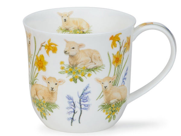 Dunoon Cumbrae Lambs Mug made of fine bone china, featuring playful lambs in a countryside setting with soft green and pastel artwork.