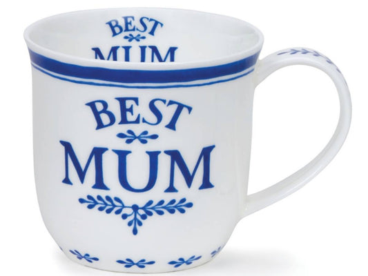 A white ceramic mug with blue text reading 'BEST MUM' and blue decorative floral accents, shown on a plain white background.