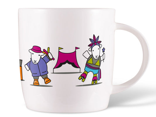 Festival Herdy & Sheppy Mug in fine bone china featuring Herdy and Sheppy playing music at a sheep-themed festival—ideal for music fans and mug collectors.