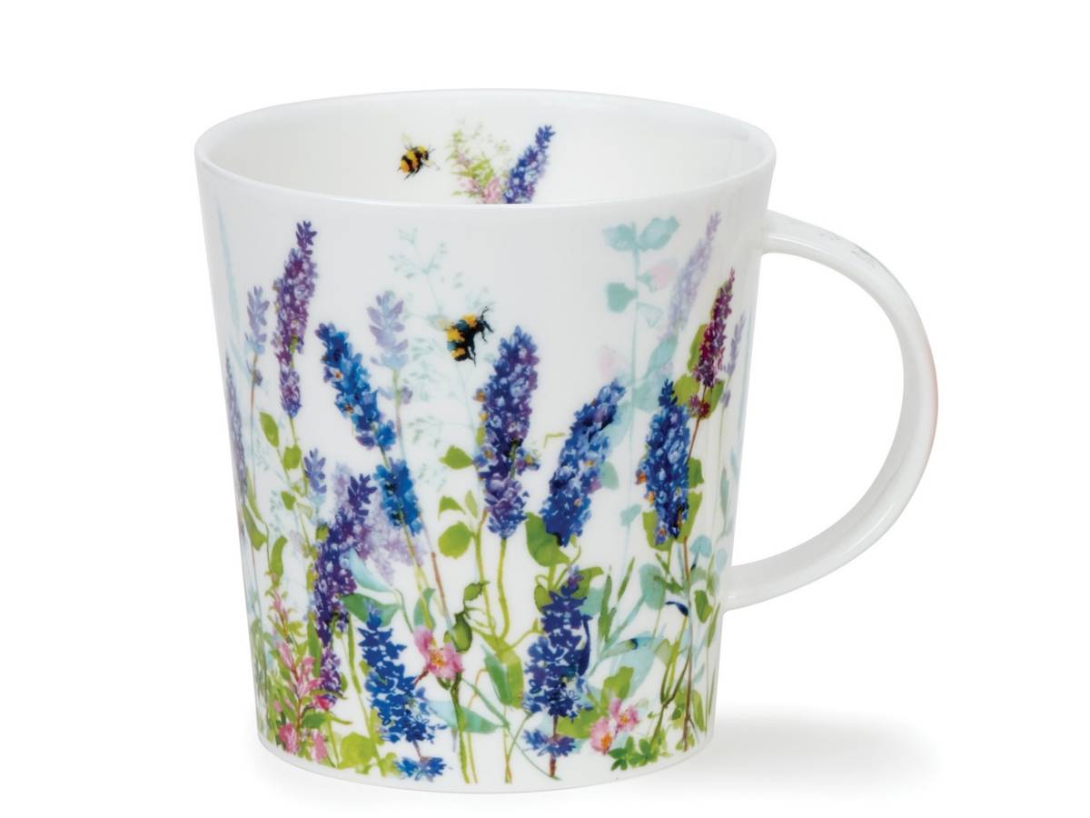 A white ceramic mug decorated with a watercolor-style floral print of blue, purple, and pink flowers with green stems and two small bees, shown on a white background.