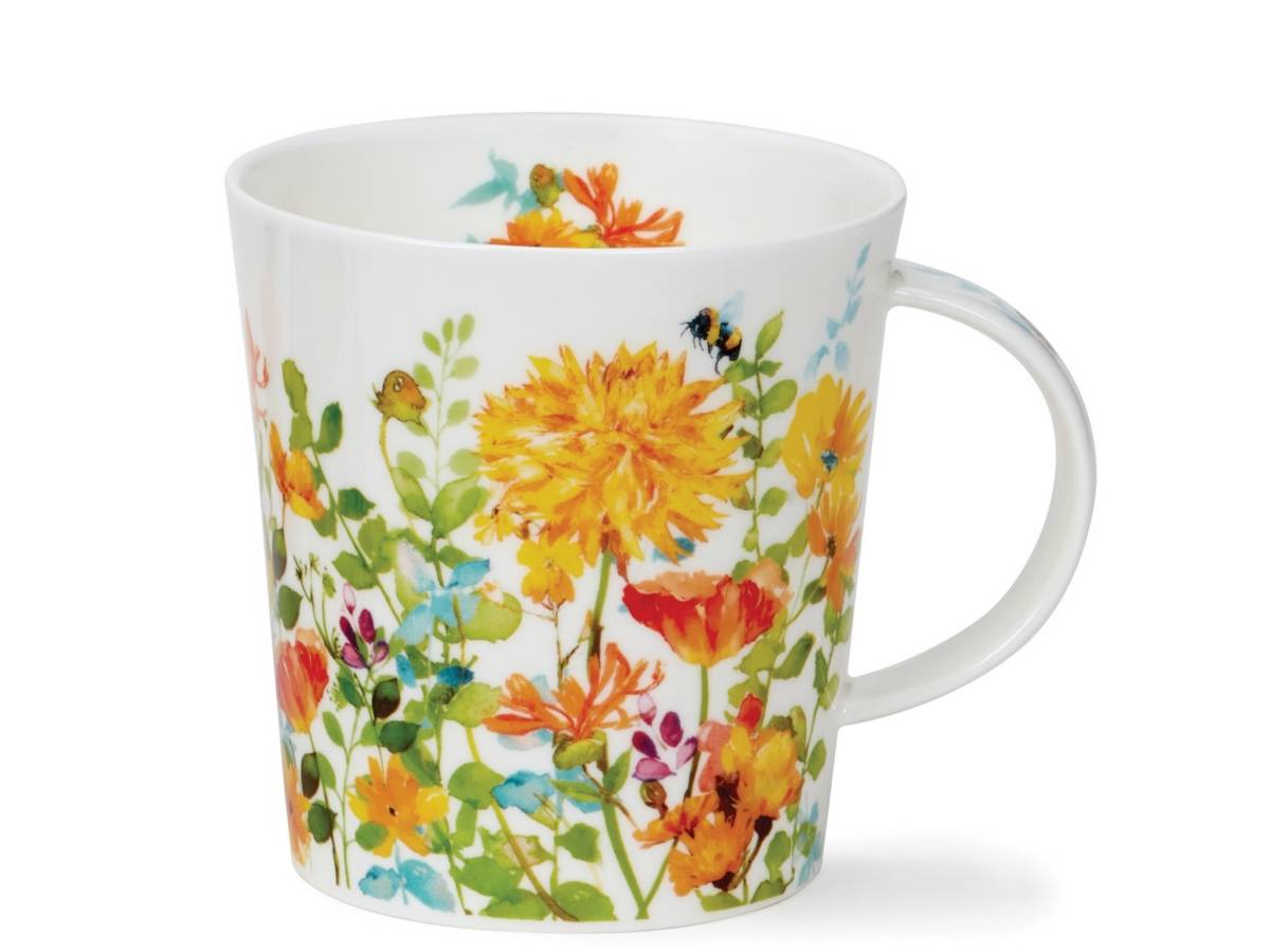 A white ceramic mug decorated with a vibrant watercolor-style floral pattern featuring yellow, orange, red, and blue flowers with green leaves and a small bumblebee, shown on a white background.