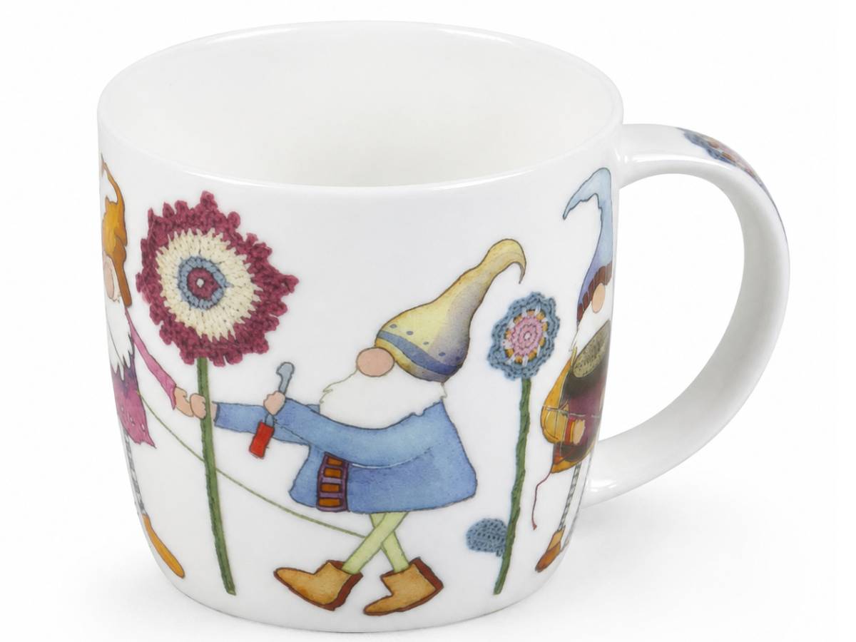 A white ceramic mug featuring whimsical painted garden gnome characters and colorful flowers on a clean white background.