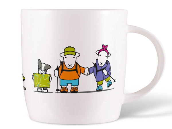 Hiker Herdy & Sheppy Mug made from fine bone china, showing Herdy and Sheppy hiking through the hills—ideal for walkers, dog lovers, and nature fans.