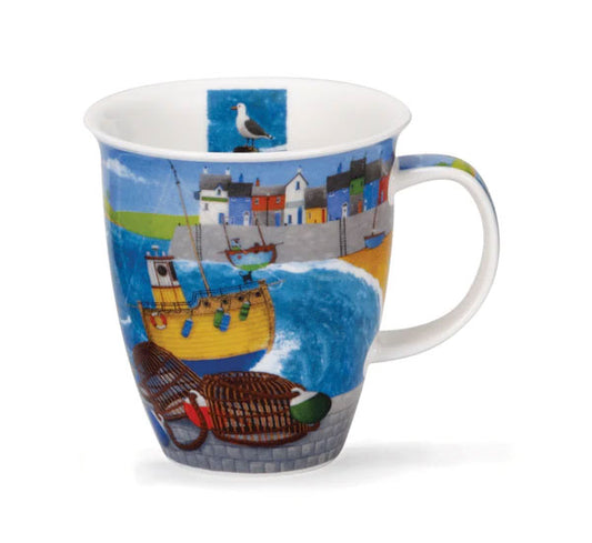 lively mug features vibrant illustrations of coastal scenes, including sandy shores, shipping boats, and lobster pots.