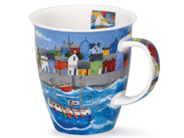 The Dunoon Nevis 'AHOY! Harbour' fine bone china mug transports coastal charm directly to your home. Illustrated by Peter Adderley, this vibrant mug vividly captures nautical scenes from a bustling harbour. Crafted in the UK, it showcases colourful boats sailing across choppy waters, with picturesque coastal homes set against a serene blue sky. An ideal gift for sailing enthusiasts, ocean lovers, or anyone who embraces the timeless allure of coastal living.
