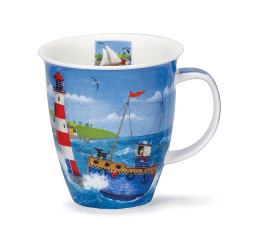  Crafted in the UK, it showcases colorful boats sailing across choppy waters, with picturesque coastal homes set against a serene blue sky.