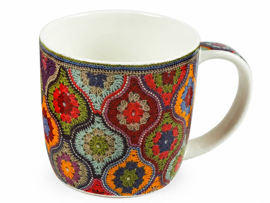 emma ball fine bone china mug with crochet patterns in bright colours