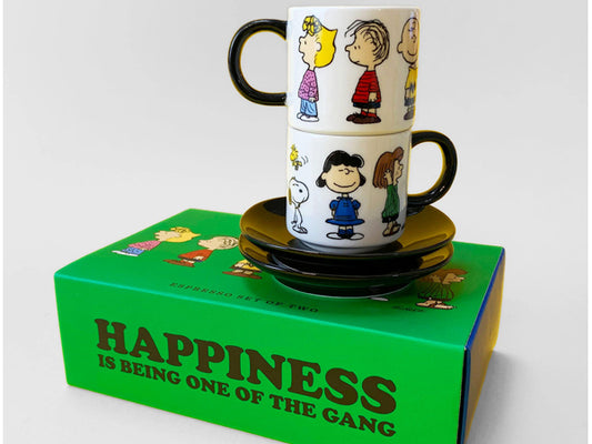 Magpie x Peanuts Gang espresso cup and saucer set of two, featuring Charlie Brown, Lucy, Snoopy and Woodstock illustrations, gift boxed