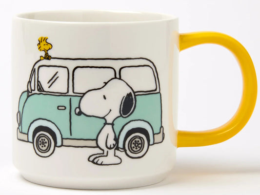 Magpie x Peanuts Snoopy Happy Camper mug with yellow handle and “Happy Camper” text, vegan fine china 330ml