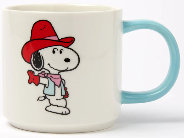 Magpie x Peanuts Snoopy Howdy mug with blue handle, featuring Snoopy dressed as a cowboy on a white vegan fine china mug