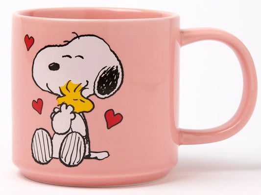 Magpie x Peanuts Snoopy Love Song pink fine china mug featuring Snoopy hugging Woodstock with red hearts