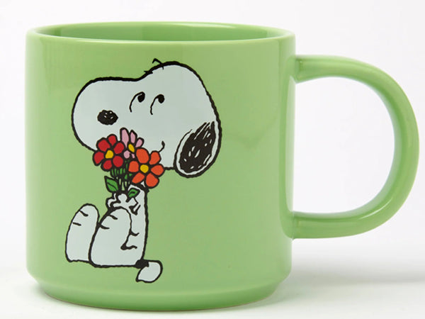 Magpie x Peanuts Snoopy Posy ceramic mug featuring Snoopy and a colorful floral posy illustration