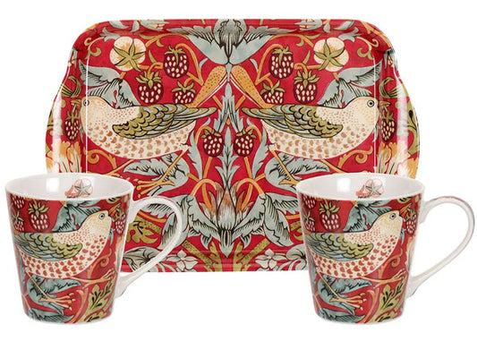 Adorned with the iconic Strawberry Thief design in vibrant red, this three-piece set comprises two mugs and a perfectly proportioned tray. 