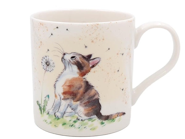 Lesser & Pavey ceramic mug with illustration of a curious cat watching dandelion seeds, made from fine quality china, perfect for cat lovers and nature enthusiasts.