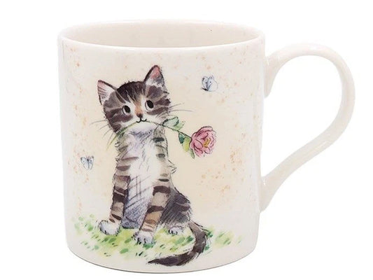 Paper Shed Mug by Lesser & Pavey showing a gentle cat holding a single rose, crafted from fine china with delicate pastel artwork, perfect for cat lovers and gift giving