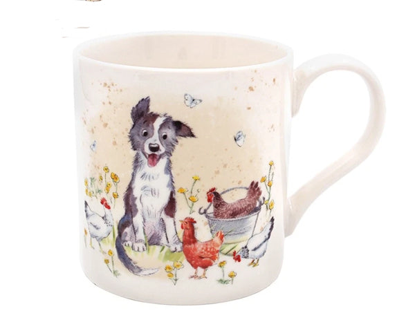 Lesser & Pavey ceramic mug showing a collie dog watching over hens, crafted from fine quality china, ideal for dog lovers and countryside enthusiasts.