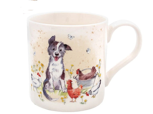 Lesser & Pavey ceramic mug showing a collie dog watching over hens, crafted from fine quality china, ideal for dog lovers and countryside enthusiasts.