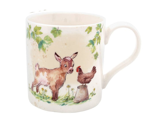 Lesser & Pavey paper shed ceramic mug showing a friendly goat and curious hen, crafted from fine quality china, ideal for farm animal lovers and rustic gift ideas.