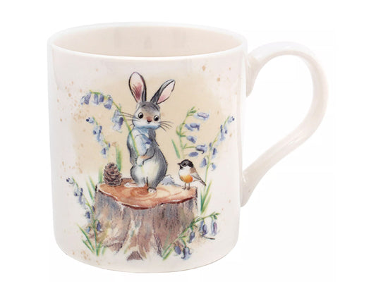 Lesser & Pavey ceramic mug depicting a serene hare and small bird in a woodland scene, crafted from fine china, ideal for wildlife enthusiasts and nature lovers.