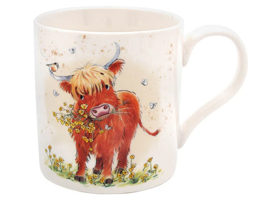 Paper Shed Mug by Lesser & Pavey showing a Highland cow with tousled fringe and gentle eyes, crafted from fine china, ideal for countryside enthusiasts and gift giving.