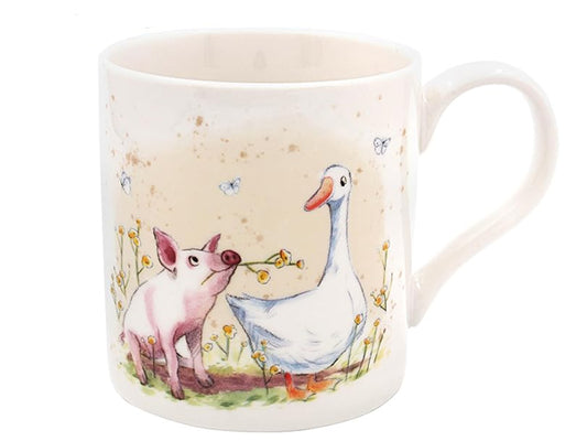 Lesser & Pavey ceramic mug showing a piglet and duck sharing a cheerful moment, crafted from fine quality china, ideal for farm animal fans and gift giving.