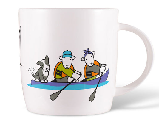 Canoe Herdy & Sheppy Mug made from fine bone china, showing Herdy and Sheppy paddling on a lake in a canoe—ideal for water lovers and outdoor enthusiasts.
