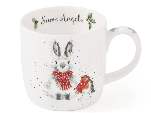A white ceramic mug featuring a watercolor illustration of a rabbit and a robin wearing red scarves, with the text 'Snow Angel's' printed inside the rim.