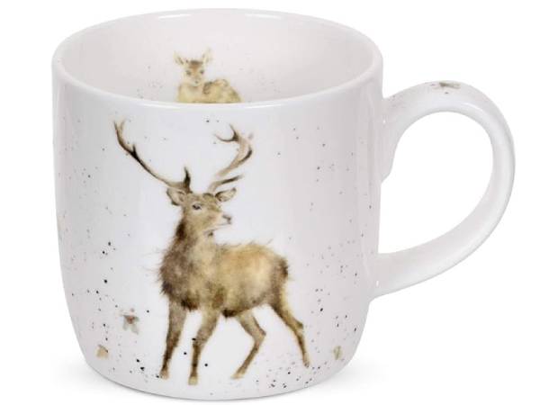 A white ceramic mug with a watercolor-style brown stag illustration and small brown speckles, shown on a plain white background.