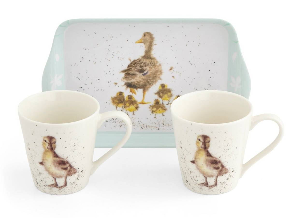A ceramic duck-themed mug and tray set featuring a mother duck and four yellow chicks printed on both the white speckled mugs and the rectangular tray with a light blue border.