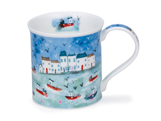 The fine bone china is decorated with a host of fishing boats in a harbour, capturing the rural heart of a seaside town.