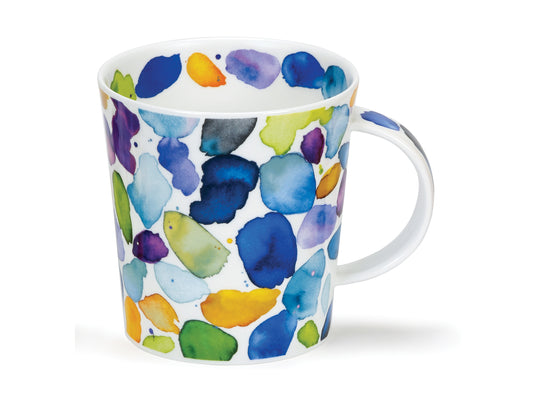 Resembling an artist's palette adorned with lively blue paint "blobs," this vibrant fine bone china mug is a testament to creativity.