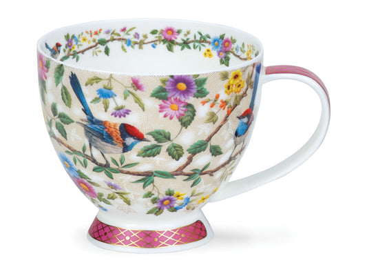 Indulge in a delightful hot chocolate or comforting cup of tea with this whimsical footed teacup from Dunoon. Crafted from fine bone china, the mug is adorned with a beautiful bird design enhanced by real gold detailing. 