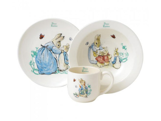  baby's crockery set comprises a bowl, plate, and mug, all adorned with beloved characters from Beatrix Potter's Tale of Peter Rabbit.