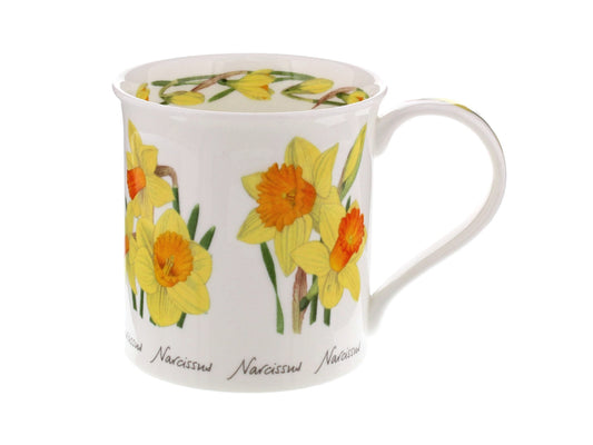 Dunoon's Spring Flowers range, and is printed with colourful designs of the narcissus flower all around its exterior, along with a chain of the flower around the inner rim of the mug and down its handle.